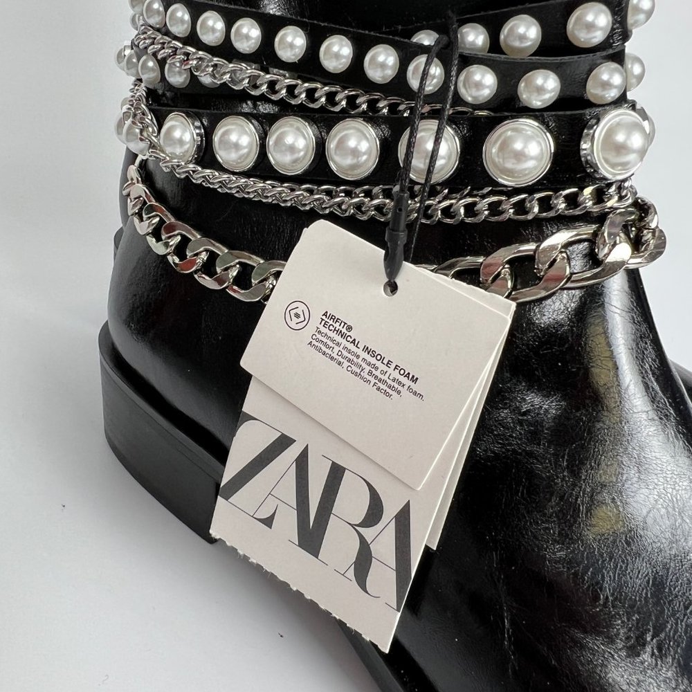 New Zara Short Heel Ankle Boots Pearl Beads Chains Leather Booties Combat Riding - Picture 4 of 14